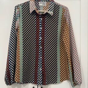 Bucket List" brand button-up blouse featuring a colorful/patterned women’s small